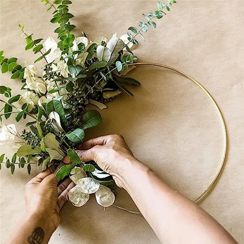 AA80-10Pcs Golden Rings With Stand For Table,Macrame Gold Wreath Ring Centerpiece Table Decorations