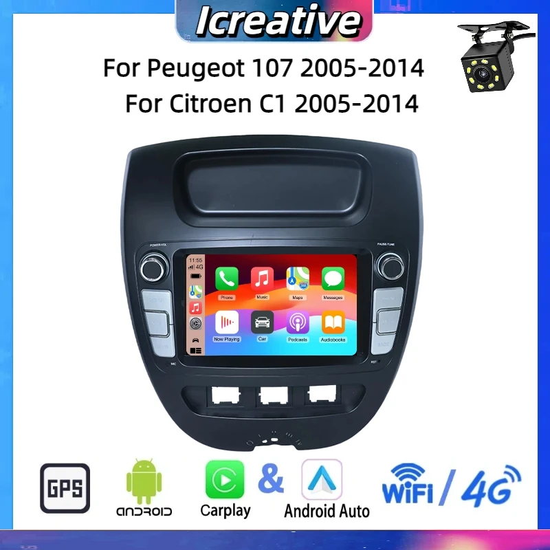 Autoradio Android per Peugeot 107 2005-2014 per Citroen C1 2005-2014 7 Multimedia Carplay Autoradio 2din Stereo Navigazione GPS