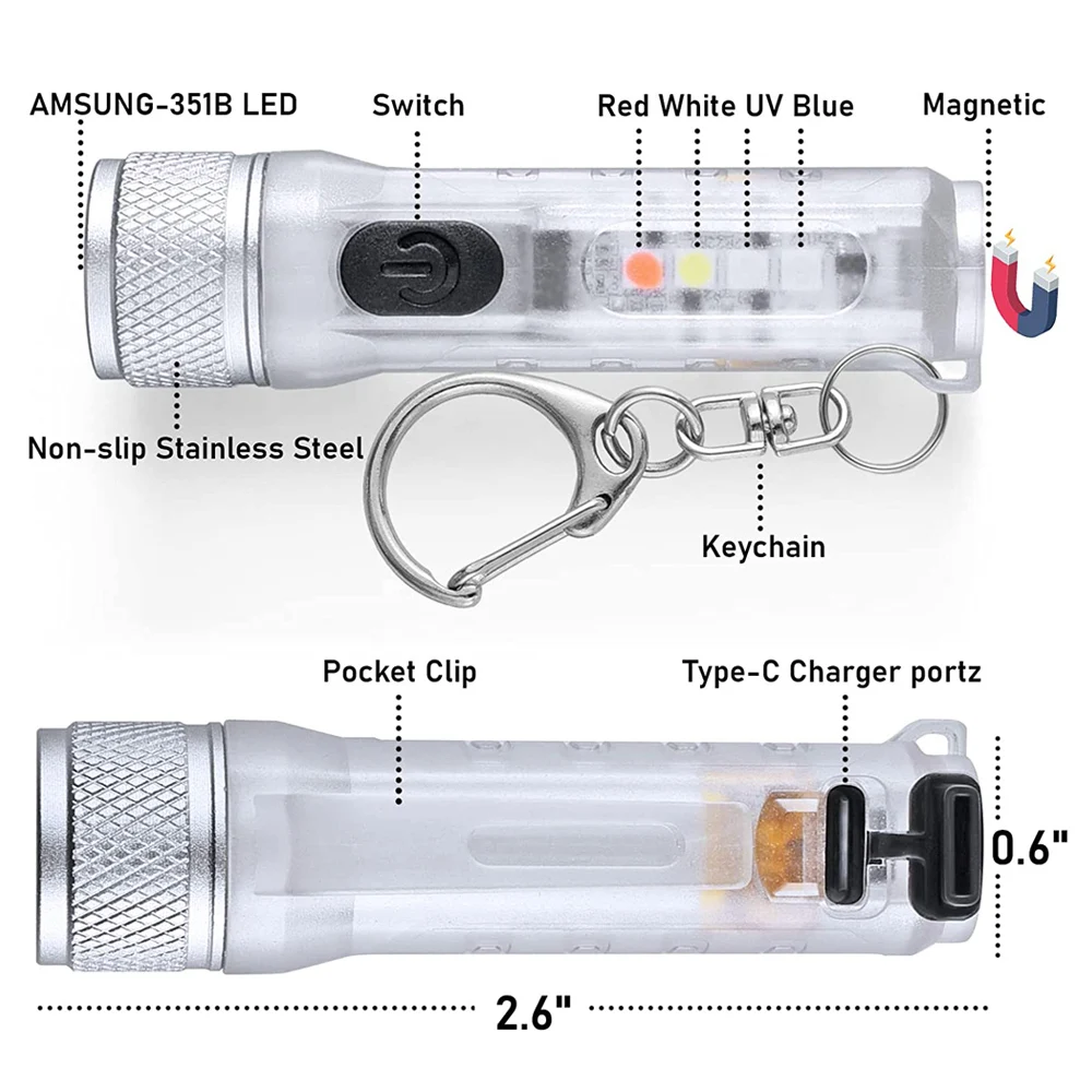 Mini Flashlight USB TYPE-C Fast Charging Keychain Torch Portable Strong Magnetic Warning Lantern Camping Long Range Flashlight