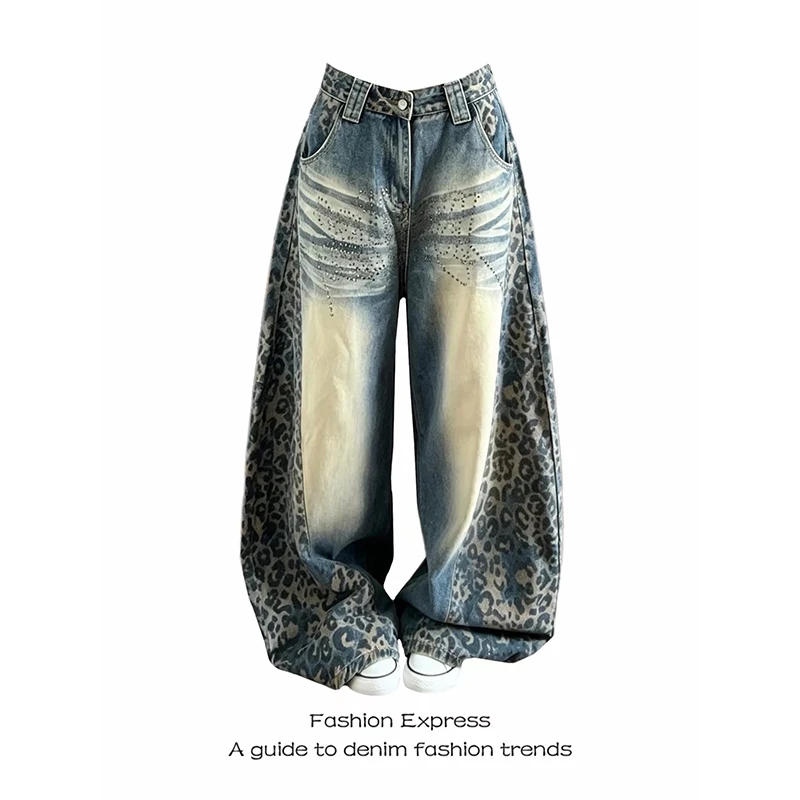 YIBASHU Women Blue Gothic Emo Baggy Jeans Y2k Gyaru Oversize Denim Trousers Vintage Harajuku Grunge Leopard Wide Leg Jeans Pants