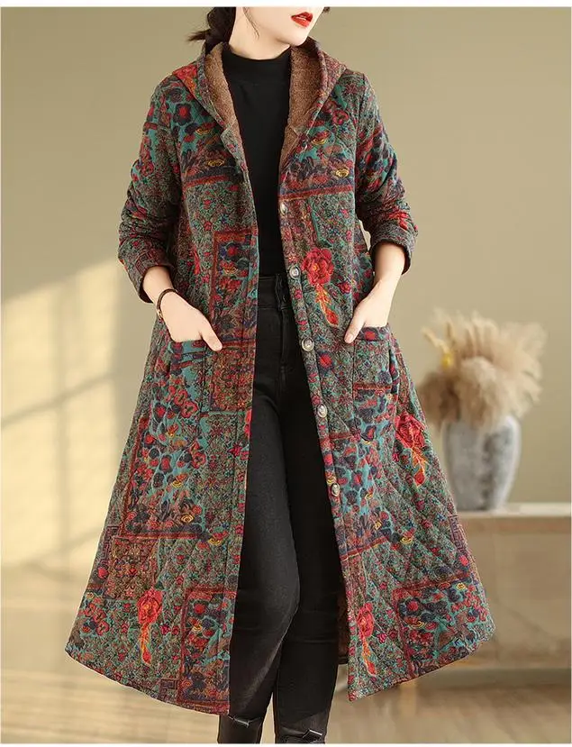 Women Mid-length Fleece And Thicken Hooded Clothing Vintage Ethnic Style Flower Warm Long Sleeves Single Breasted Cotton Jacket