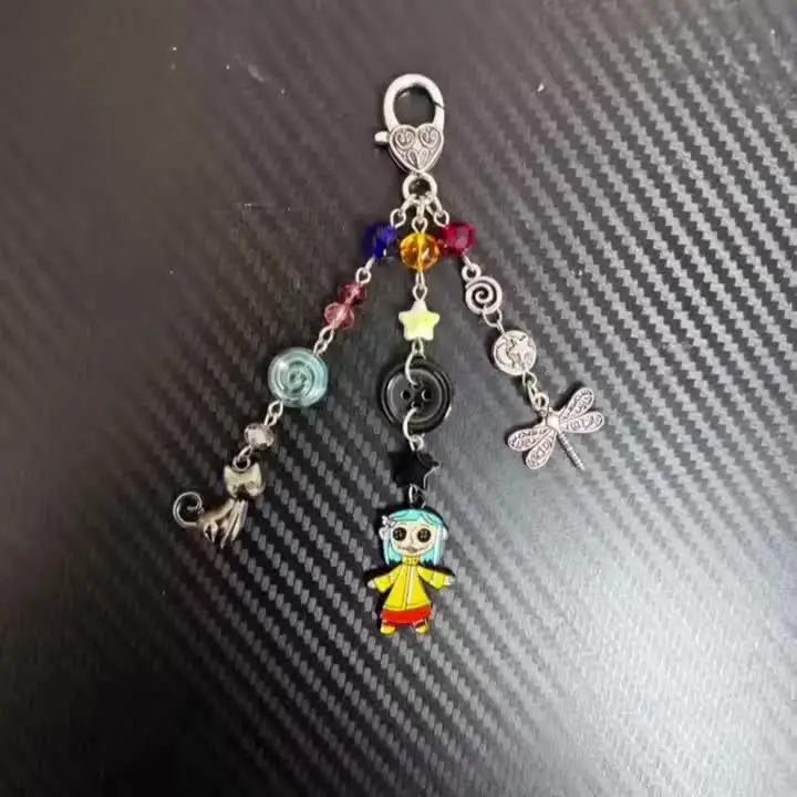 Anime Coraline Keychain - Enamel Doll & Black Cat Dragonfly Charms - Metal Key Ring for Backpack Car Key Holder Halloween Gift