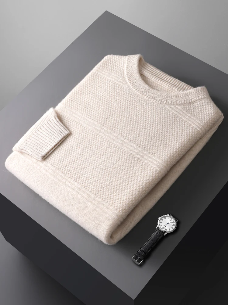 100% Merino Wool Pullover Sweater Knitted Jacquard Men's O-neck Solid Color Casual  Clothing Autumn Winter Long Sleeve Warm Tops