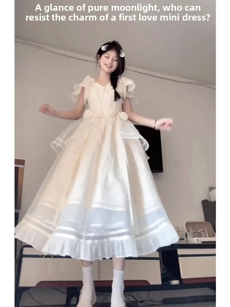 Princ Sle ort Sve Lace Me Dr femmes été 2025 nouvelle jupe gâteau féerique douce jupe trapèze en Fiber de Polyester