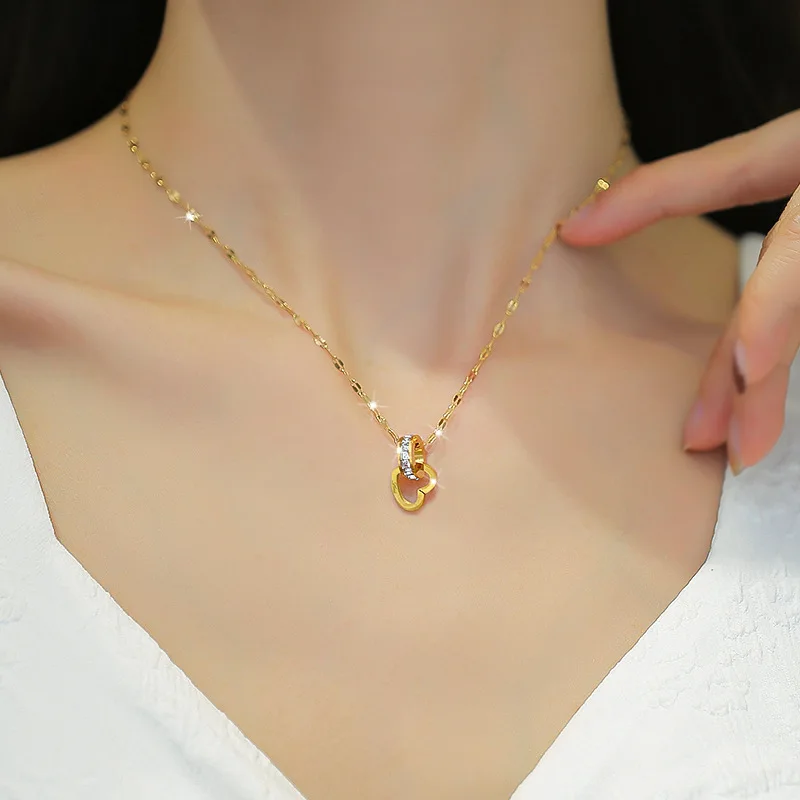 Luxury Gold Color Stainless Steel Zircon Ring Heart Pendant Necklace for Women Charm Fashion Party Collar Jewelry Colorfast Gift