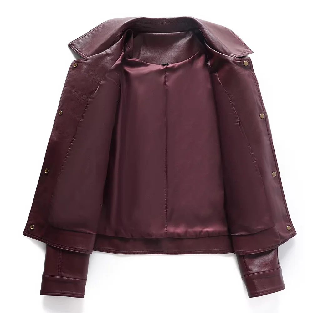 New Women Casual Split Leather Jacket Spring Autumn Fashion Turn-down Collar Long Sleeve Short Coat Daily Slim Leather Jacket view 3