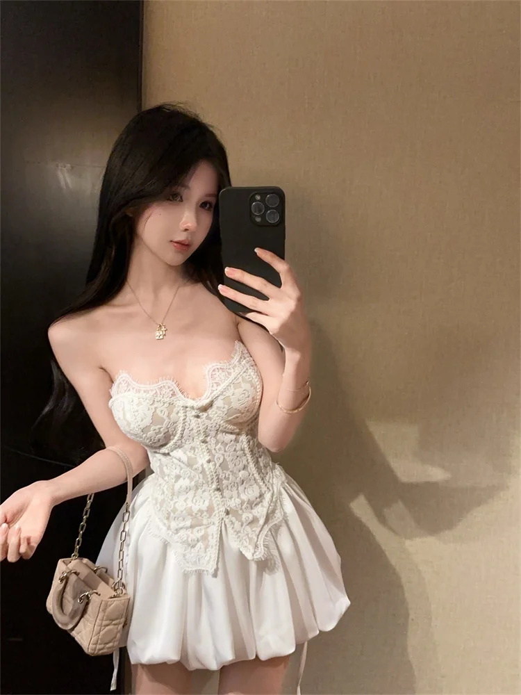 Set Baru untuk Wanita: Atasan Tanpa Tali Berenda Seksi dengan Bantalan dan Rok Pendek Berpinggang Tinggi, Set Dua Potong, Set Populer untuk Gadis Seksi