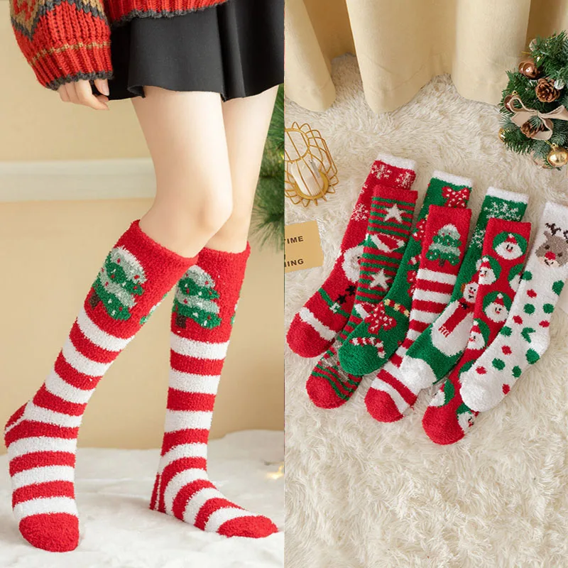 

New coral velvet long tube knee-length Christmas socks winter thickened half velvet half high tube women's socks