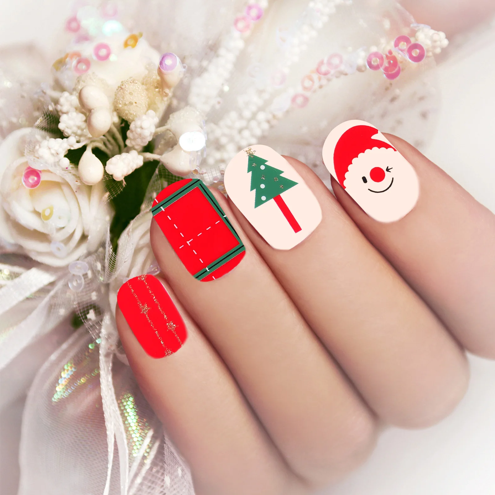 9 pçs adesivos de unhas de natal auto-adesivo remendos de arte de unhas para mulheres diy manicure decoração decalques de unhas de longa duração seguro