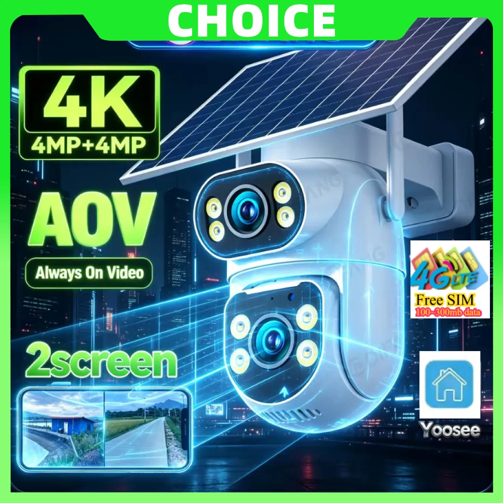 Yoosee 4G LTE Solar Cam AOV 24/7 Dual Screen 4K 4G Wireless Solar Surveillance