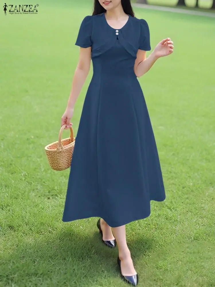 ZANZEA Sommerkleid Büro Damen Kleider 2025, lässig, O-Ausschnitt, kurze Ärmel, Arbeit, Midi, Vestido, elegant, stilvoll, solide, Party-Sommerkleid