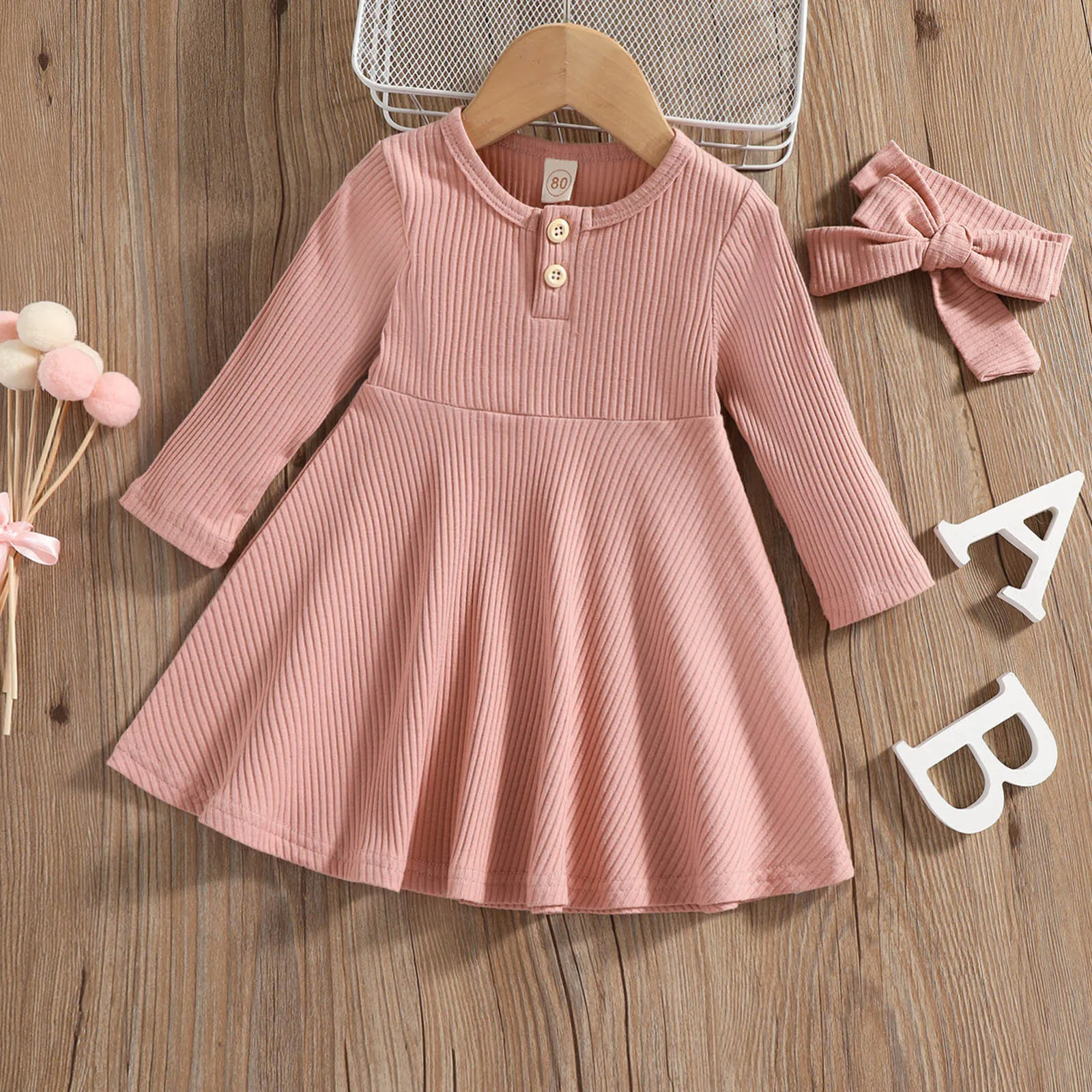 1 2 3 4 5 Years Toddler Infant Baby Girls Dress Spring Autumn Casual Solid Ribbed Long Sleeve Princess Dress With Headbands