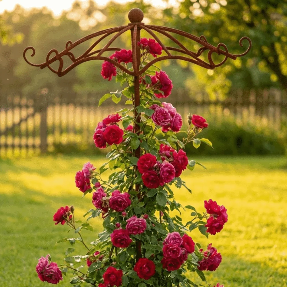 Retro Rusted Umbrella Shape Plant Support Pile Prevent Tipping Over Weather-Resistant Bonsai Fixing Rod Detachable Iron