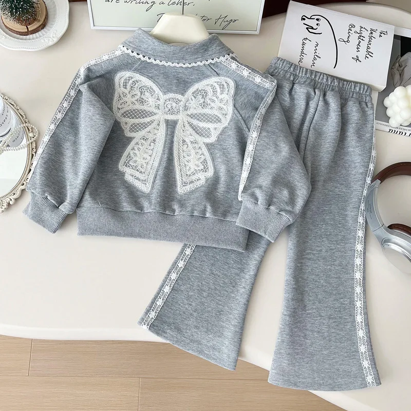 

Girls Autumn Trousers Suit2024New Children's Fashionable Bow Lace Sweater Two-Piece Set