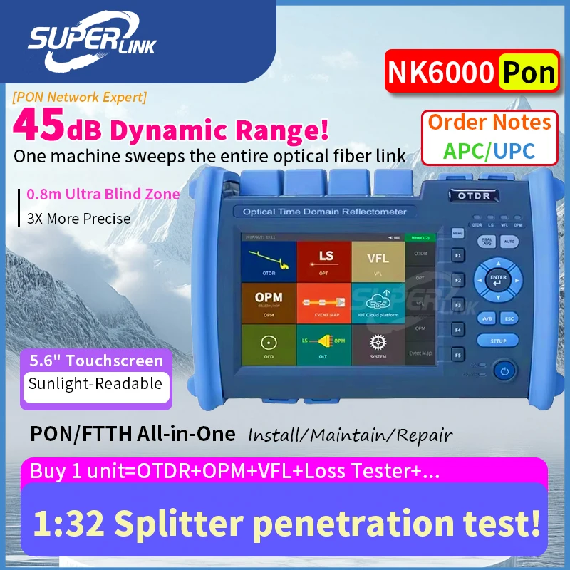 

45db OTDR , penetrate 1:32 splitter OTDR Tester, OTDR Micro Machine, Handheld, Smart Single Mode, Same as NK6000, Customized