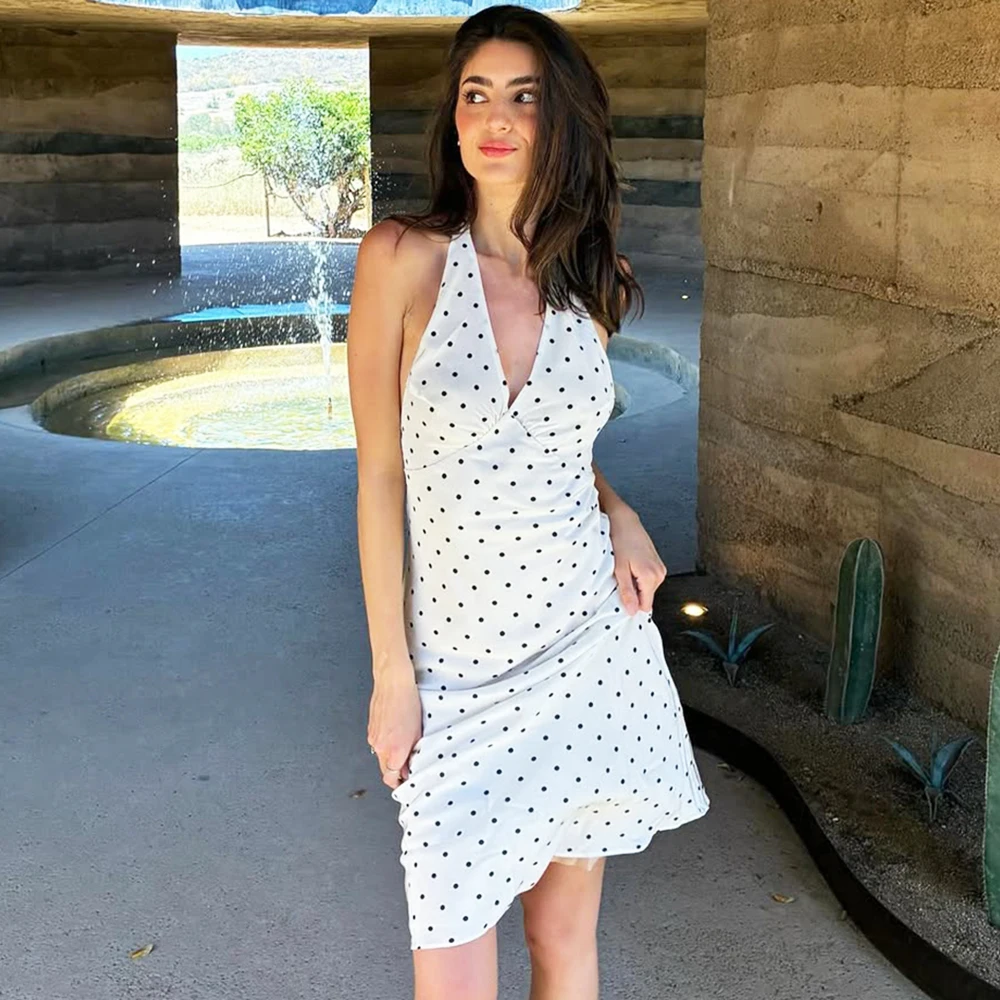 Tuularose Polka Dot Hanging Neck Long Dress Women Elegant Strapless Sexy Lace-u… - Image 2