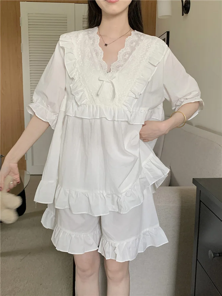 

Simple Sweet Solid Princess Short Sleeve V-Neck Summer Pajama Set Women New Real price Coolness Lace Loose 100%Cotton Sleepwear