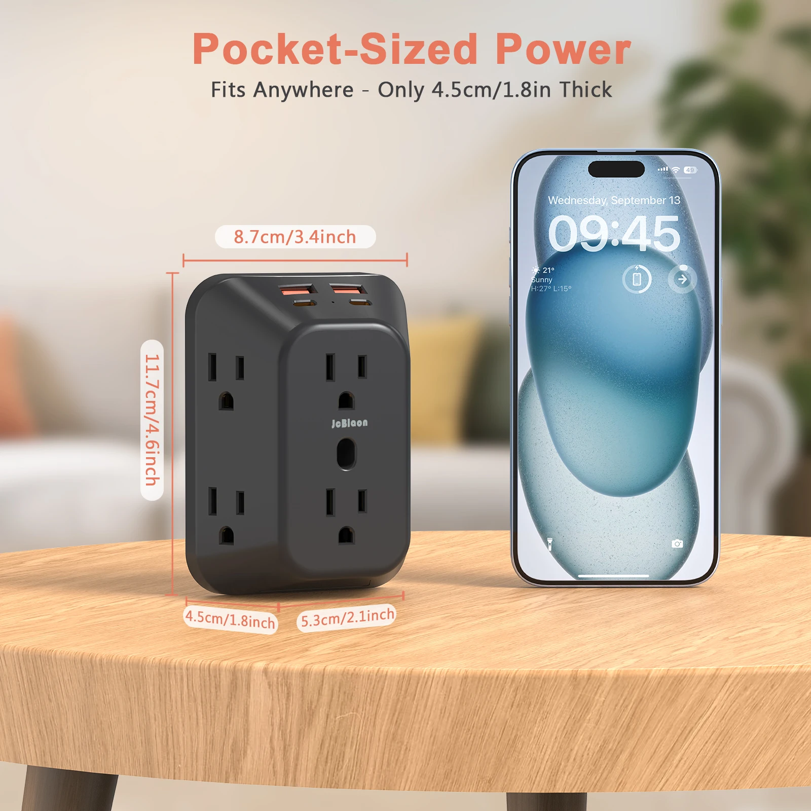 Power Strip USB Wall Charger Surge Protector with 6 Outlet Extender 4 USB Charging Ports (2A2C) , Wall Adapter Spaced for Home - view 4