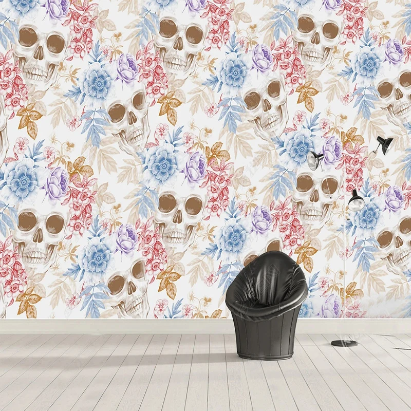 Custom Size Creative Personality Skull Flower Large Mural Wall Painting Bedroom Living Room TV Home Decor Wallpaper Papel Tapiz