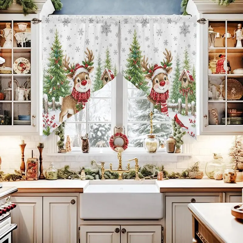 VIKAMA Christmas Reindeer Triangle Curtains, Red Nosed Reindeer Snowflake Christmas Tree Print Curtains, Farmhouse Home Decor