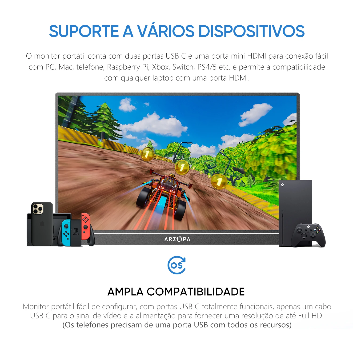 [produto no brasil]ARZOPA 15,6 polegadas Monitor portátil 1080P FHD, tela IPS 16:9, corpo de metal, com capa de couro, mini HDMI tipo C,