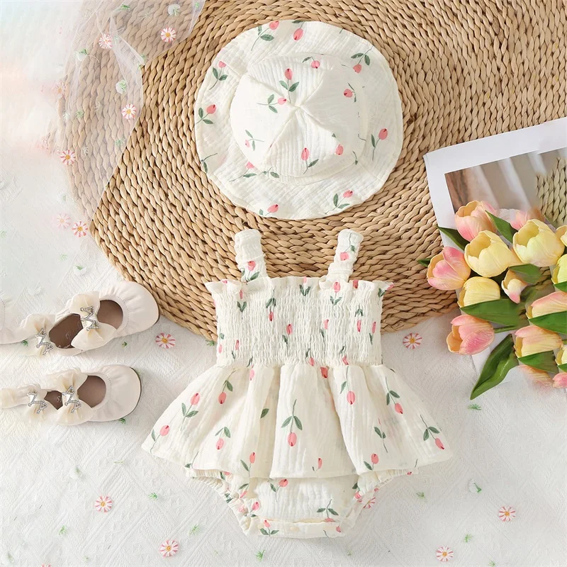 Summer Floral Infant Newborn Baby Girls Bodysuit Active Floral Babe Camisole 1Piece Tutu Dress With Hat 2PCS Set ﻿