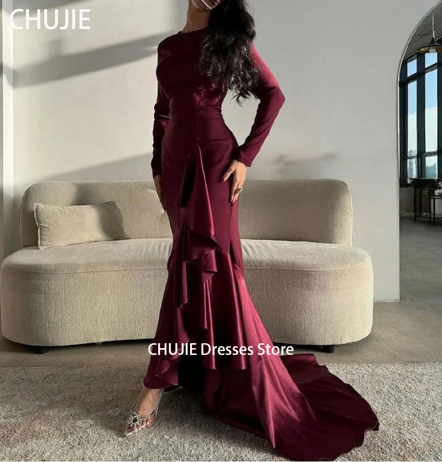Robes de soirée personnalisées bordeaux à manches longues pour femme robe de mariée modeste plissée sirène dubaï arabie saoudite فستان 