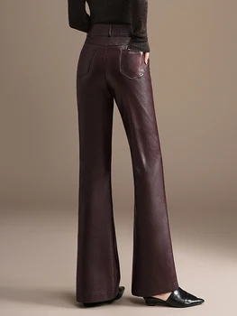ZUZK Fashion Slimming Pu Leather Flare Pants New Women High Waist Flare Pants PU Leather Trousers Large Size Fashion Warm Pants 5