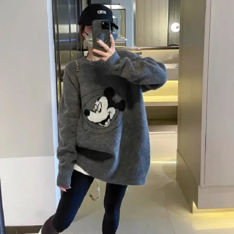

Серый пуловер с Микки Маусом Диснея, женский осенне-зимний новый свободный вязаный свитер, модный топ с круглым вырезом для поездок на работу