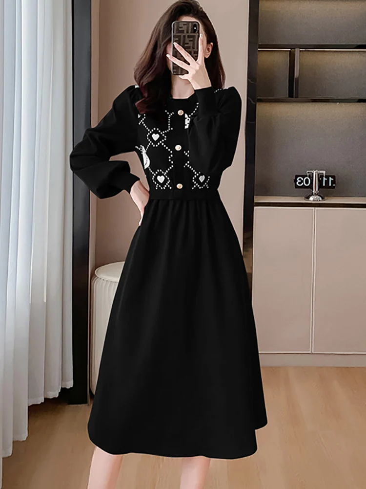 2024 Red Elegant and Pretty Women's Dress Autumn Winter Knitted Print Thic Warm Sweater Dress Korean Elegant Bodcyon Ladies Robe