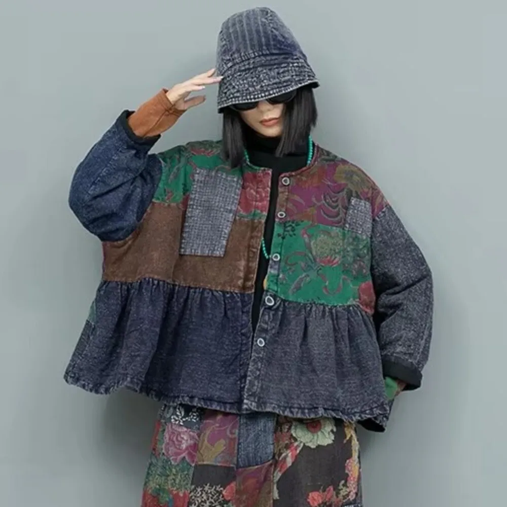 Chinese Style Printed Linen Patchwork Old Cloth Cotton Jacket Women Winter Thick Coat LX2699