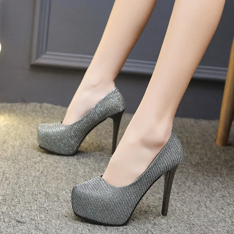 

Silver Metal Heel Platform Pumps Women Shallow Sexy Sequined Cloth Super High Heels 14CM Round Toe Ladies Party Prom Shoes 2025