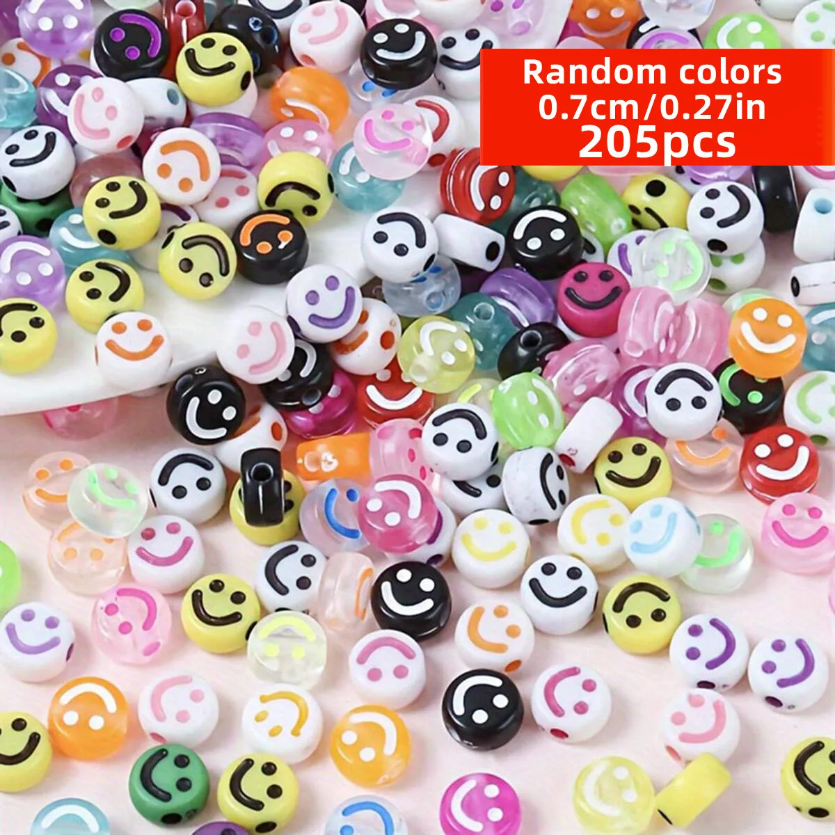 205pcs 7mm DIY Smiling Face Bead Loose Beads Acrylic Random Patterns and Colors for Accessories, Making Bracelets, Necklaces