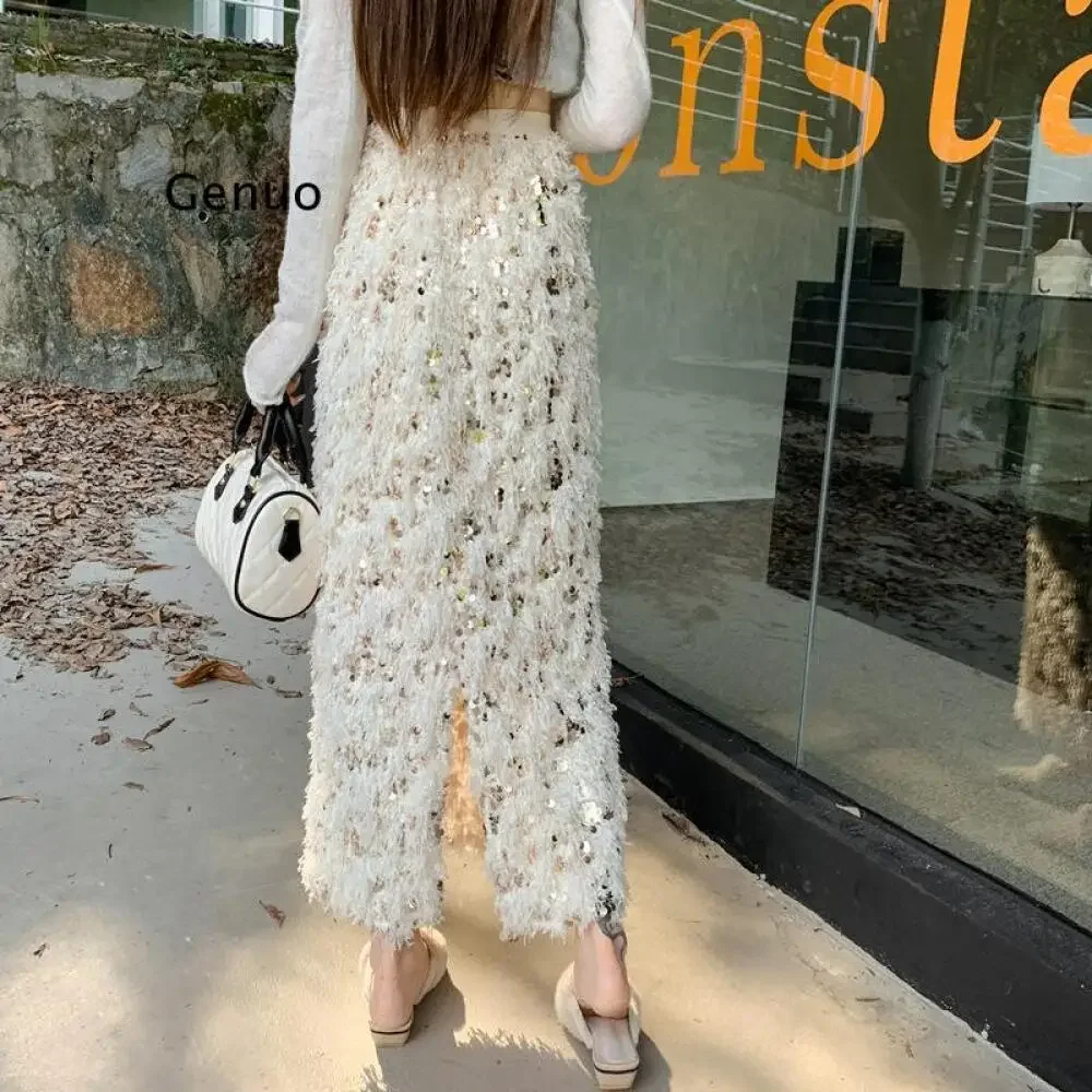 Women's Fall Winter Stylish Heavy Craft Sequin Ultra-Light Feather Fleece Lined Back Slit Straight Cut Maxi Skirt