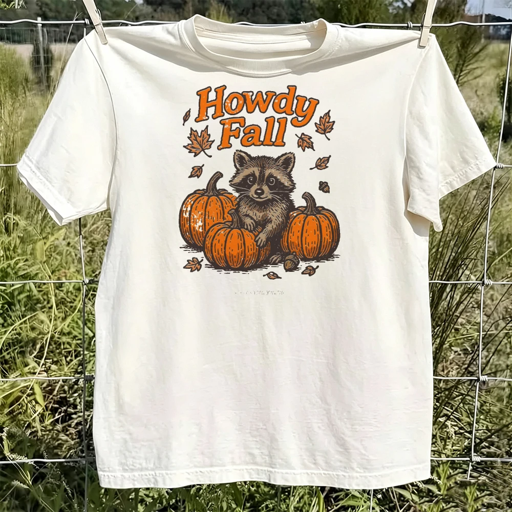 Howdy Fall Graphic Tee Retro Raccoon Pumpkin Maple Leaf Acorn Distressed Letter Print Women T Shirt Cottagecore Clothes