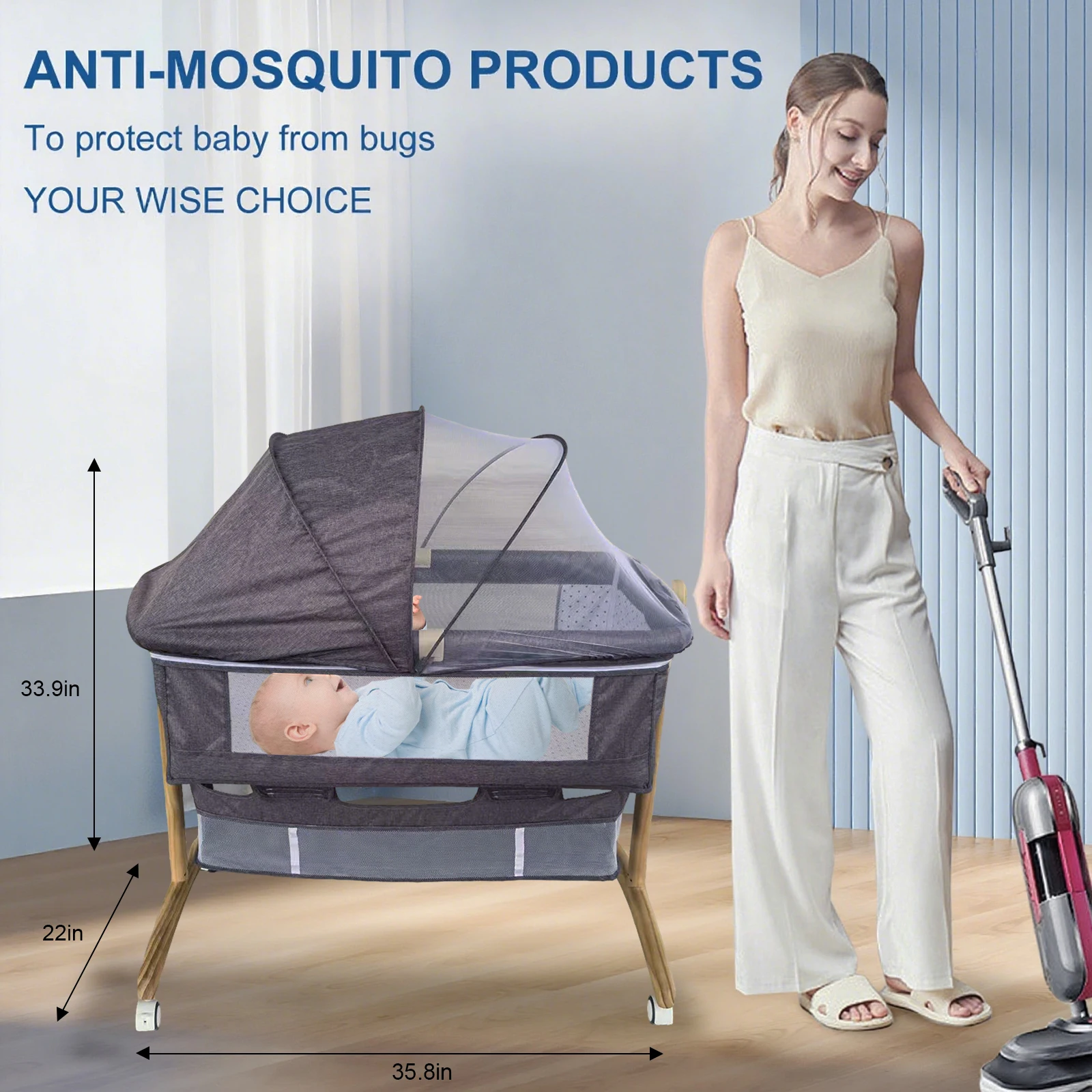 Cuna de bebé multifuncional con mosquitera, cama de guardería plegable con ajuste de altura, portátil de viaje para recién nacidos, niños y niñas