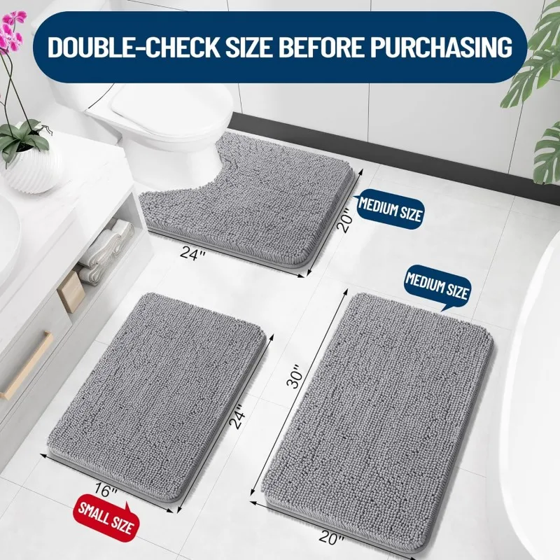 Bathroom Rugs Extra Soft Absorbent Chenille Bath Rugs Thicken Mat Non-Slip Machine Washable for Bathroom Floor Tub and Shower