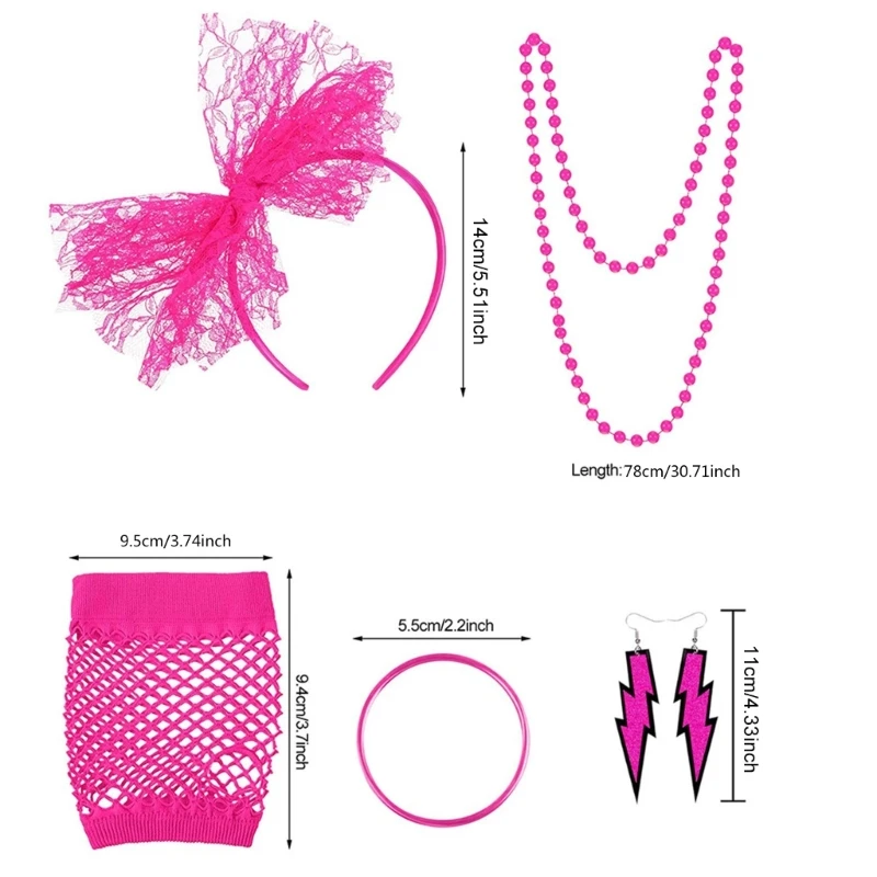 80s Dress Costume Accessories for 80s Party Dress-up Include Headband Earrings Fishnet Gloves Necklace Bracelet