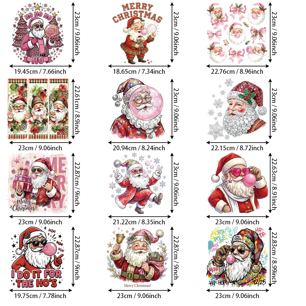 12Pcs Christmas Heat Transfer Vinyl, Santa Claus Holiday Iron-on Stickers, for Clothes Bags Hats Fabric DIY Decor