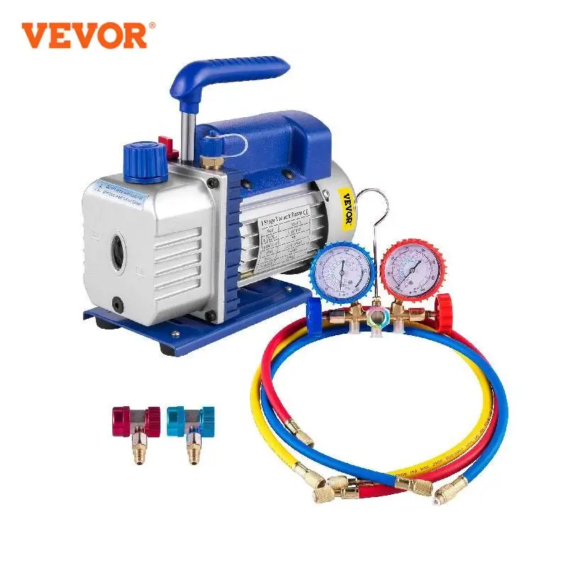 VEVOR 1.8CFM 1 Stage Refrigeration Vacuum Pump Manifold Gauges Air Conditioning R410A Portable for Automobile Maintenance