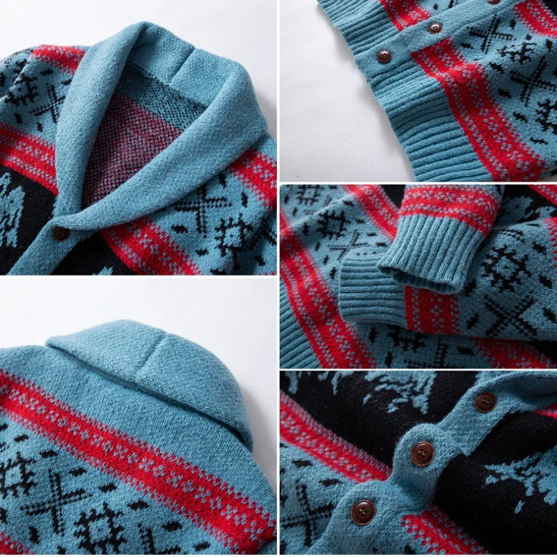 Luxury Vintage Jacquard Knit Jacket Outdoor Knitted Cardigan Sweaters Lapel Autumn Coat Men's Clothing High Quality Outerwear