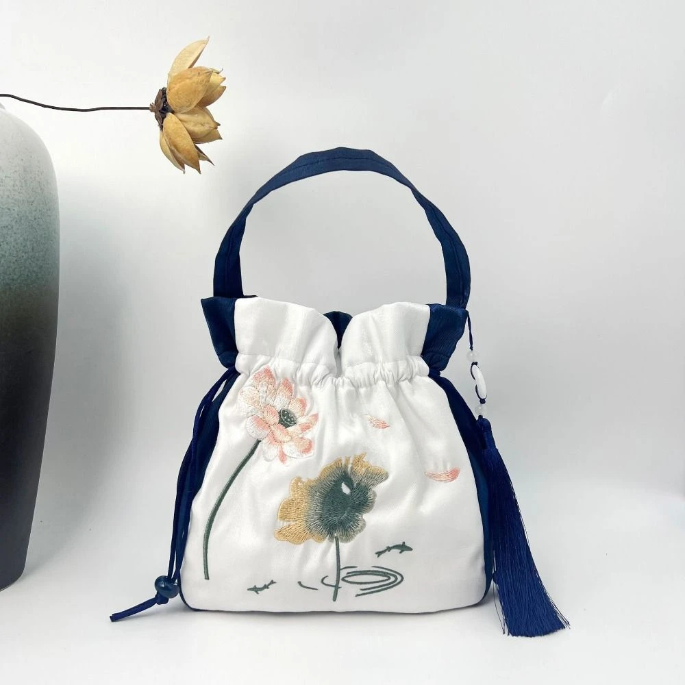 

Ethnic Style Embroidery Drawstring Bag Flower Bucket Bag Silk Satin Chinese Style Handbag Purse Ancient Style Hanfu Tassel Bag