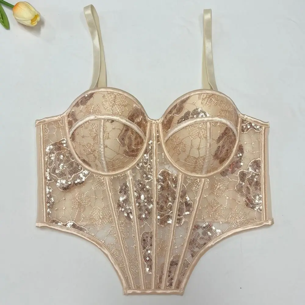 

Spicy Girl Style Hollow Lace Sequin Camisole Slim fit Transparent Lace Sequin Corset Sleeveless Streetwear Suspender Vest Ladies