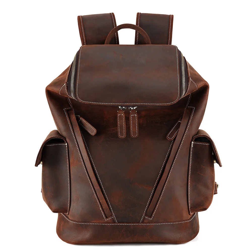 Crazy Horse Leather Backpack Men\'s Casual Fashion Travel Bag Large Capacity Shoulder Bag