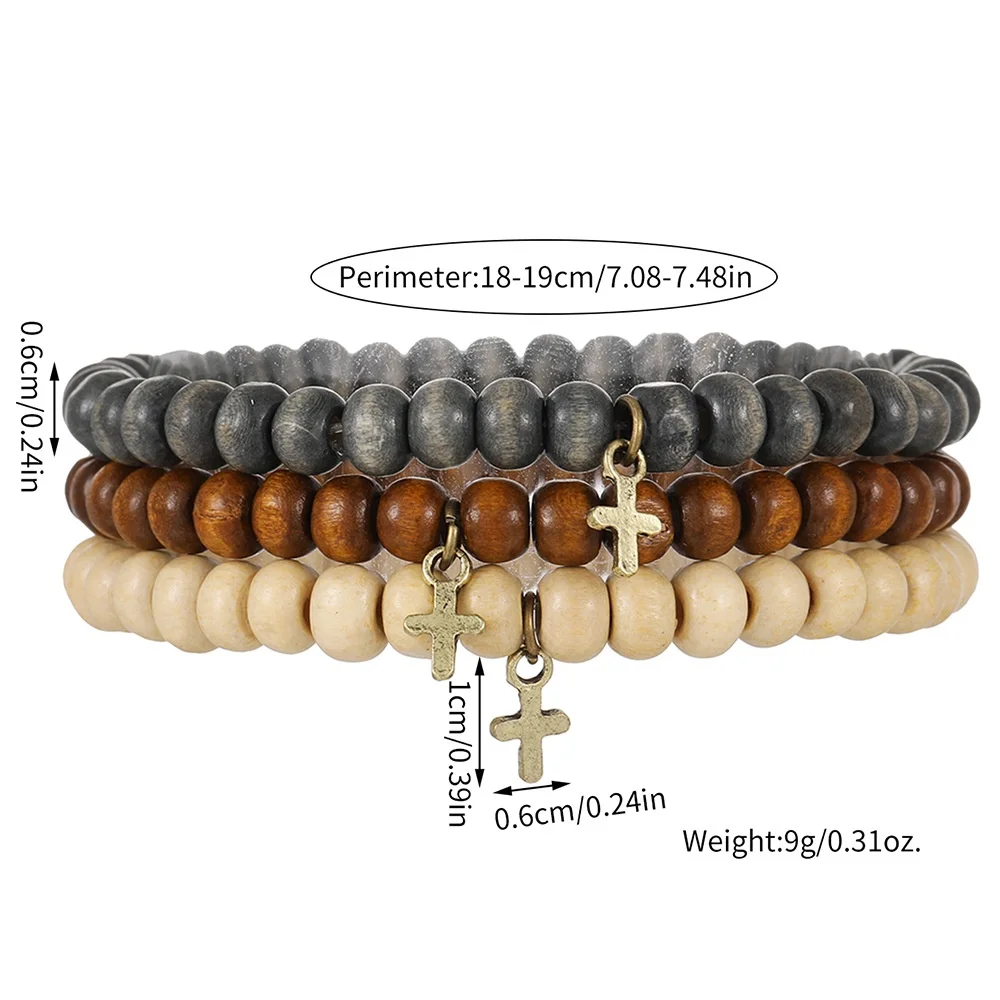 Retro-Holzperlen-Armband für Männer, einfaches Kreuzanhänger-Armband-Set, modischer Schmuck, trendige Accessoires – Detail 1