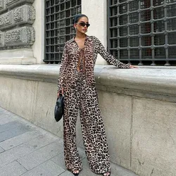 Ladies's Long Sleeved Shirt Straight Leg Pants Leopard Print Two-piece Set Printed Lace Up Lapel Cardigan Top Wide Leg Pants Set