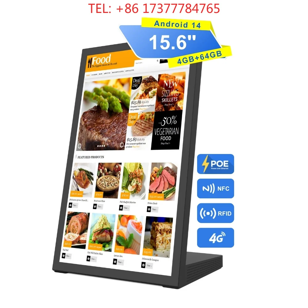15.6 Inch Android Digital Signage L-Shaped Tablet for Restaurant Order Display and Retail Advertising with NFC and RFID POE