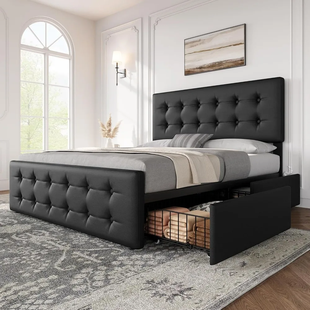 

IDEALHOUSE Queen Size Bed Frame with 4 Storage Drawers and Headboard, Faux Leather Upholstered Platform Bed Frame with Wooden Sl