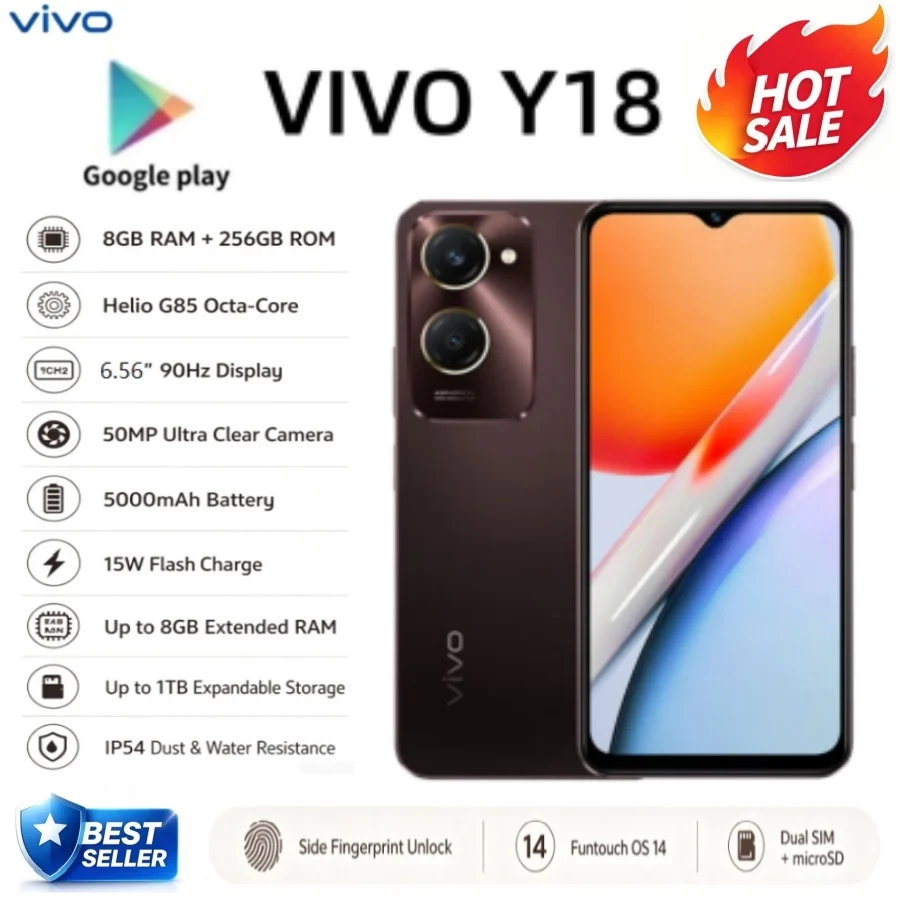 2026 new VIVO Y18 5G Smartphone 8GB+256GB, 6.56in 90Hz Display, 50MP AI Camera, 5000mAh Battery, Fingerprint Unlock, Dual SIM
