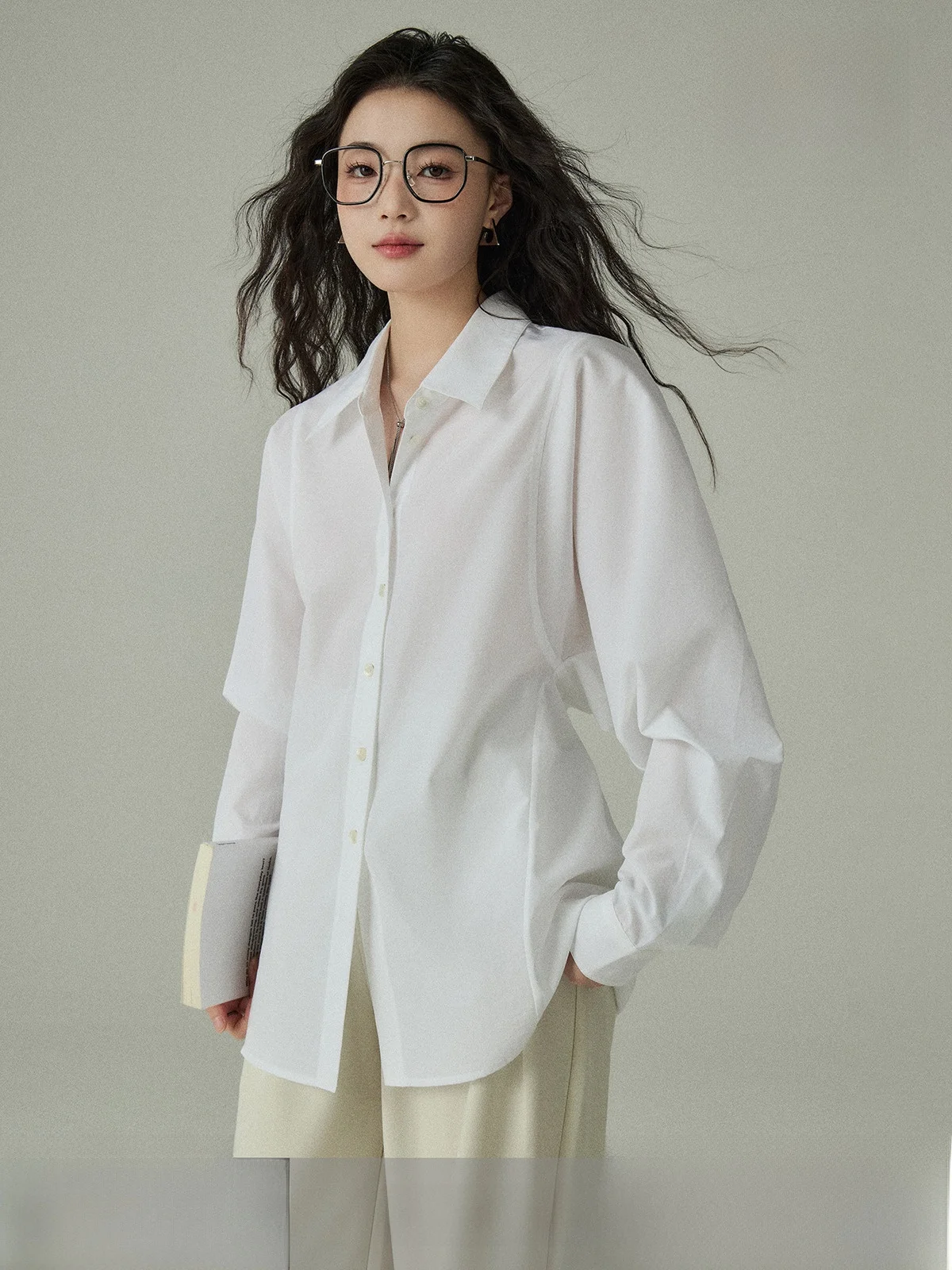 

Aoka Home Deconstructivism White irt Women's Spring Autumn Design Sense Commute irt Ba Button Waist Inward Long Sve